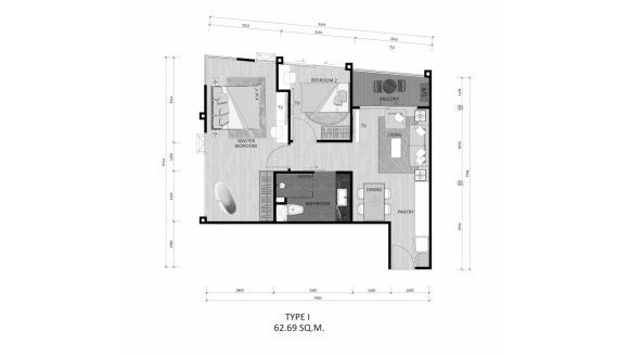Планировка кондомониума 1 спальня в ЖК The Sea Heaven № 11023 (2D)